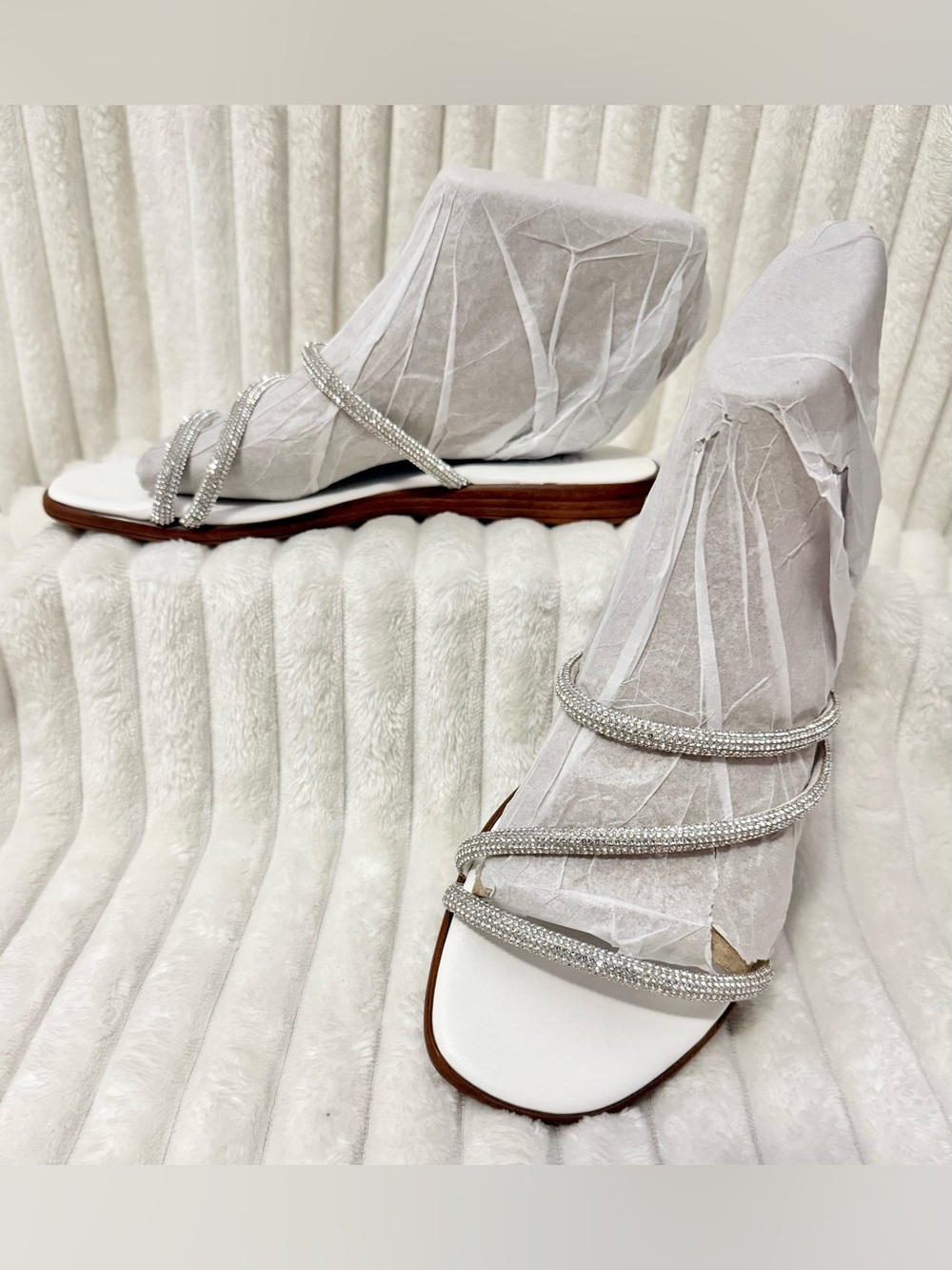 Women’s Crystal Strappy White Slide Sandals